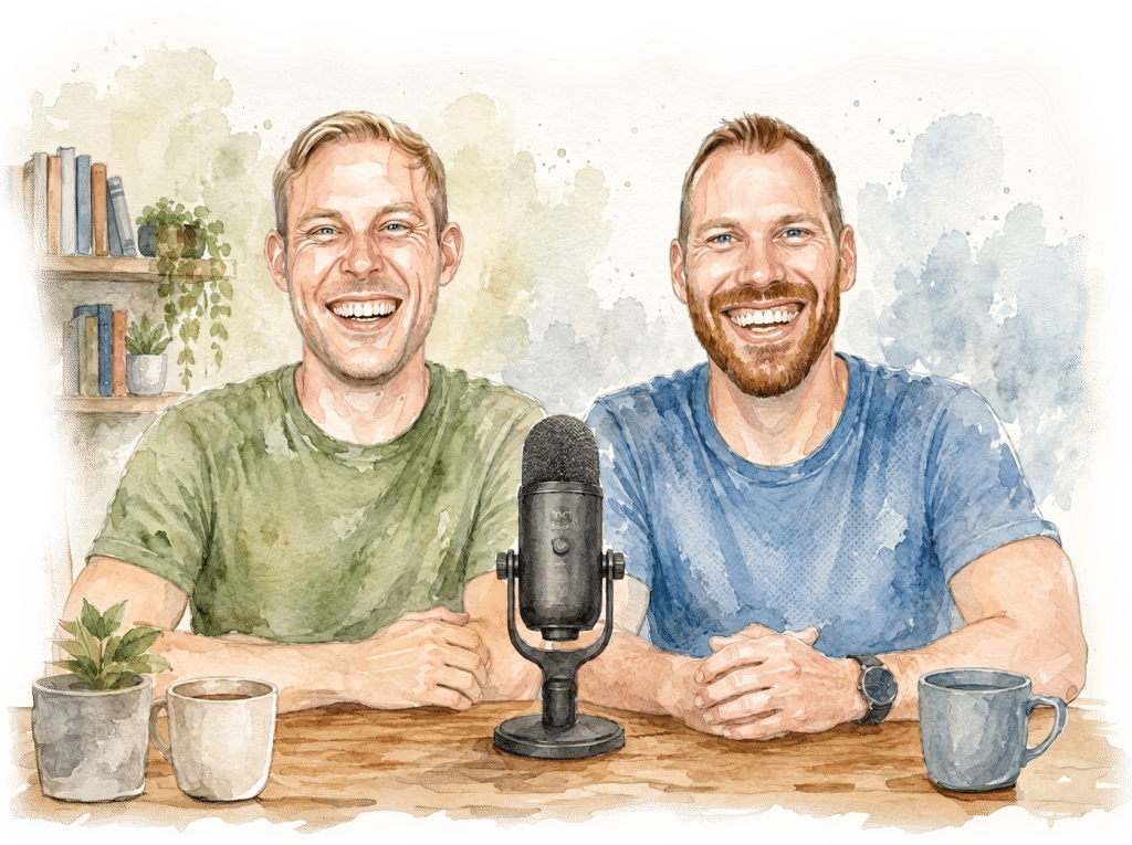 Aquarell-Illustration der beiden Nurisan-Gründer für ein Audio-Format: Die beiden Männer sitzen gut gelaunt an einem Holztisch, in dessen Mitte ein schwarzes Podcast-Mikrofon steht.