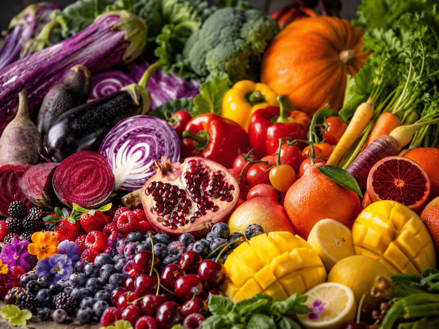 Bunte Vielfalt an Obst und Gemüse mit Fokus auf orangefarbene und rote Sorten wie Kürbis, Mango, Karotten und Tomaten als natürliche Quellen für Carotinoide.