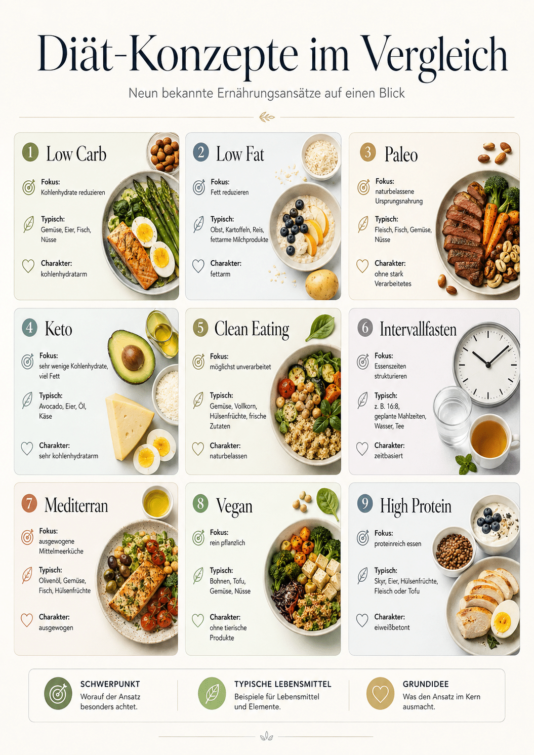 Infografik „Diät-Konzepte im Vergleich“: Eine strukturierte Übersicht von neun bekannten Ernährungsansätzen wie Low Carb, Vegan, Keto und Intervallfasten mit Fokus, typischen Lebensmitteln und Beispiel-Mahlzeiten.