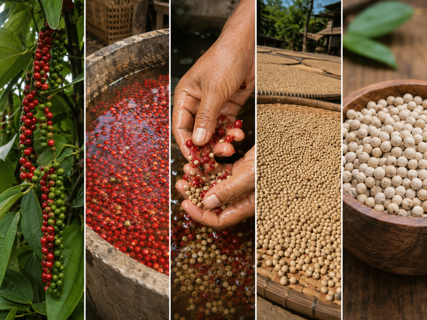 Fünfteilige Collage zur Herstellung von weißem Pfeffer: Von der Ernte roter Pfefferbeeren über das Einweichen in Wasser und das manuelle Schälen bis hin zum Trocknen der weißen Pfefferkörner.