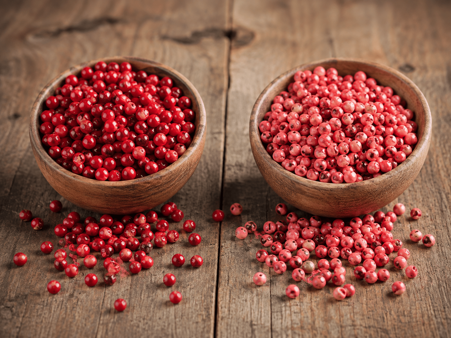 Direkter visueller Vergleich: Zwei Holzschalen nebeneinander. Links liegen leuchtend rote, echte Pfefferkörner, rechts die etwas helleren, getrockneten rosa Pfefferbeeren.