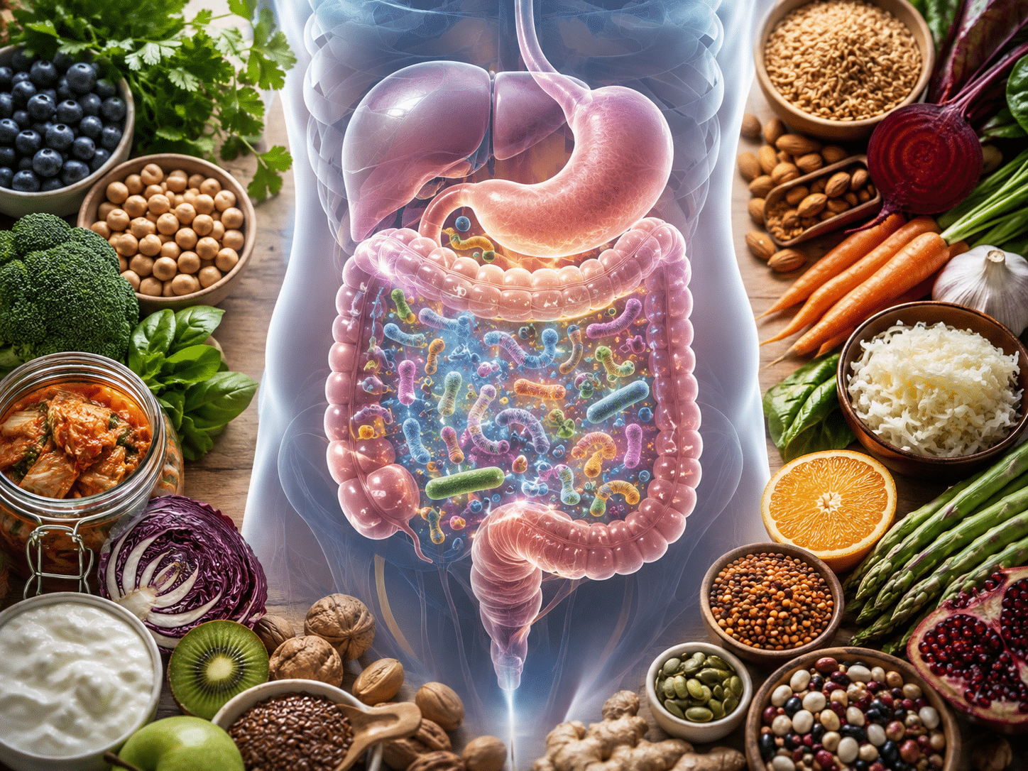 Eine grafische Darstellung des menschlichen Verdauungssystems mit einem lebendigen, bunten Mikrobiom im Darm. Der leuchtende Torso ist komplett umgeben von einer Vielfalt an frischen, darmgesunden und probiotischen Lebensmitteln.