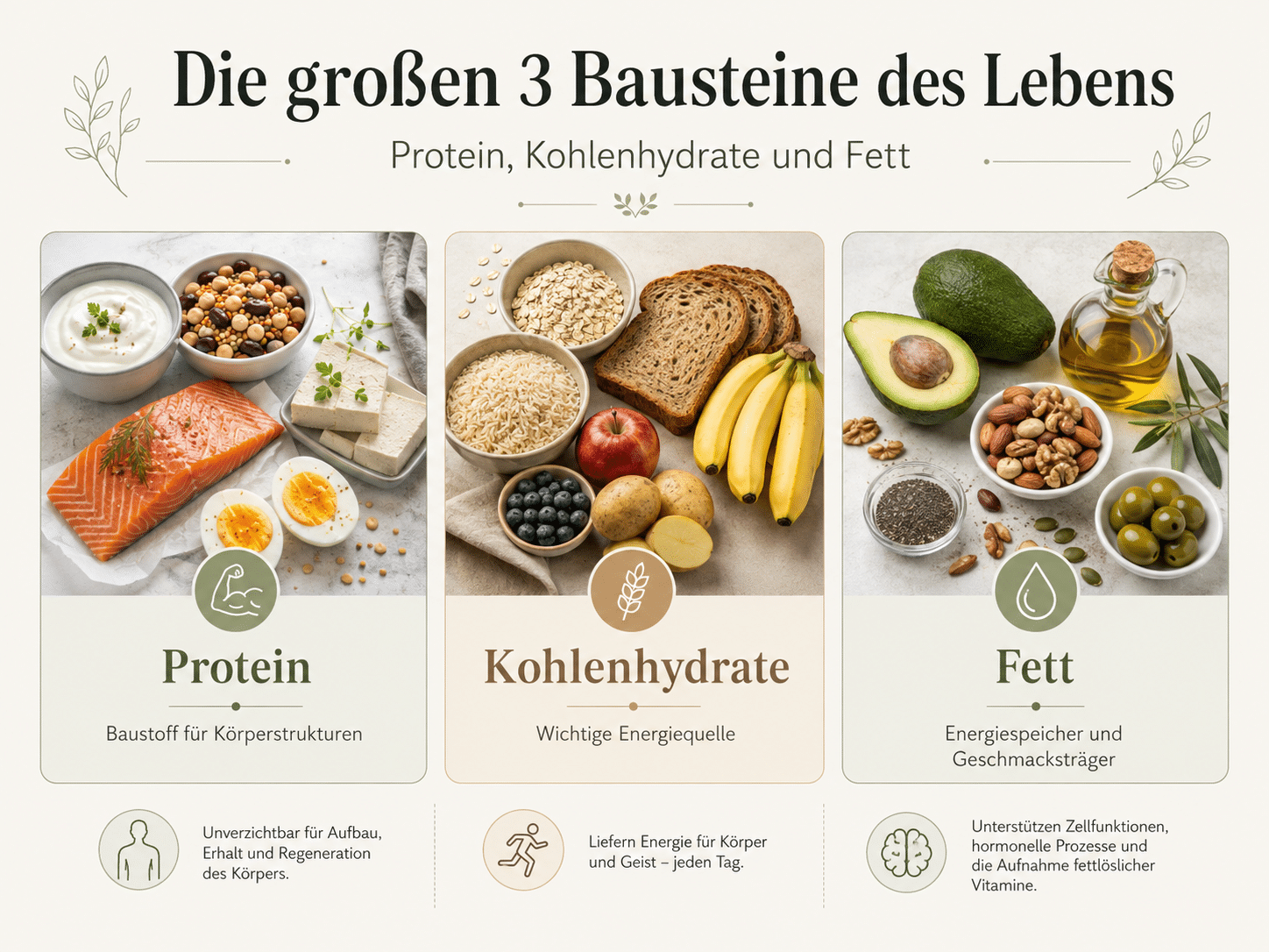 Infografik „Die großen 3 Bausteine des Lebens“: Eine visuelle Übersicht der Makronährstoffe Protein, Kohlenhydrate und Fett mit passenden, gesunden Lebensmittel-Beispielen.