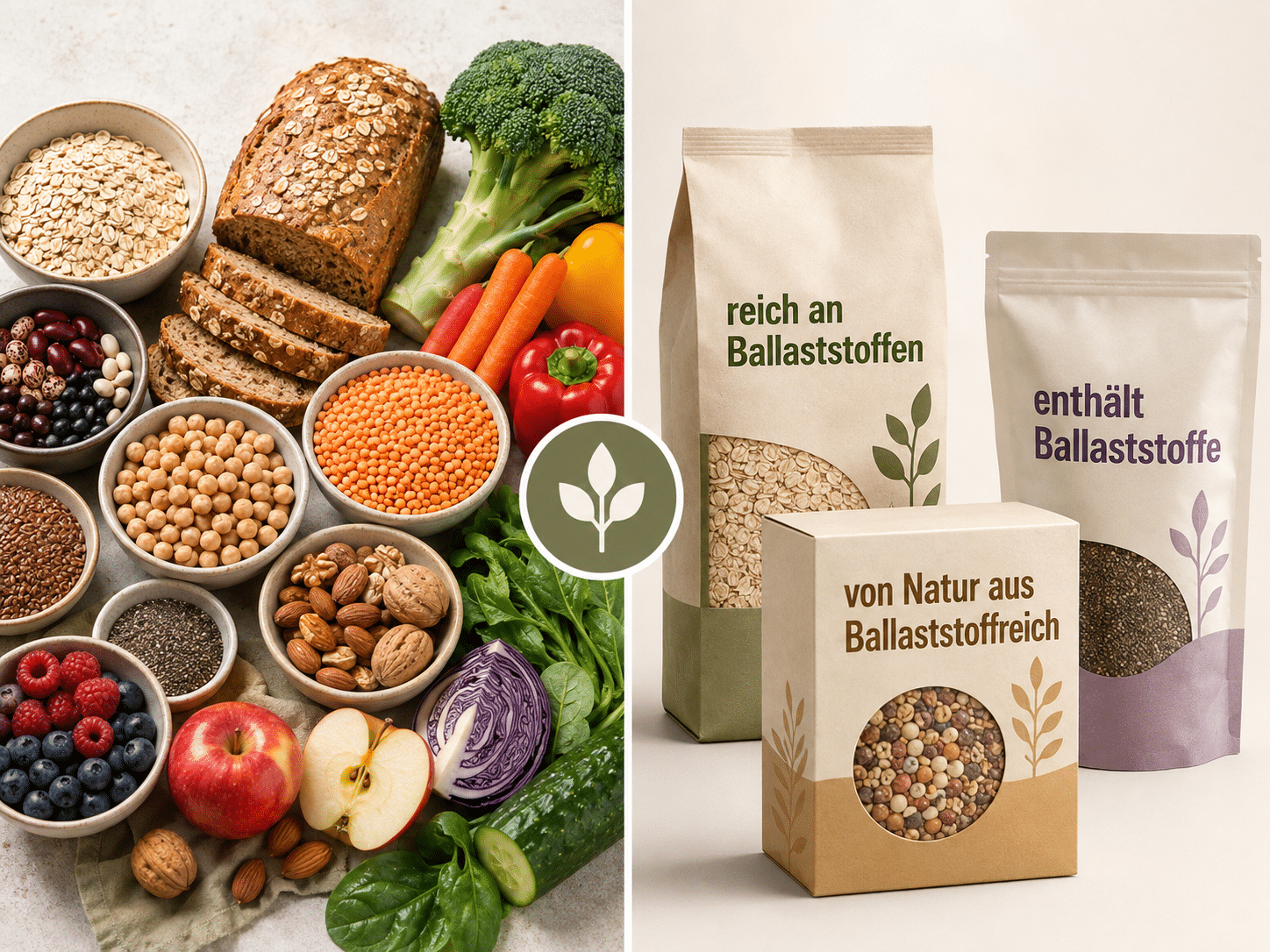 Ein visueller Vergleich von Ballaststoffquellen: Links eine vielfältige Auswahl natürlicher Lebensmittel wie Vollkornbrot, Hülsenfrüchte, Gemüse und Nüsse. Rechts stehen drei Produktverpackungen mit aufgedruckten Werbeversprechen wie 'reich an Ballaststoffen'.
