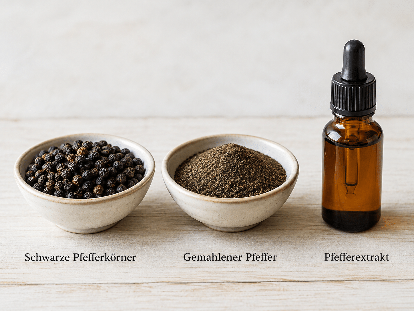 Darreichungsformen von schwarzem Pfeffer: Ein direkter Vergleich von ganzen schwarzen Pfefferkörnern, feingemahlenem Pfefferpulver und flüssigem Pfefferextrakt in einer Pipettenflasche.