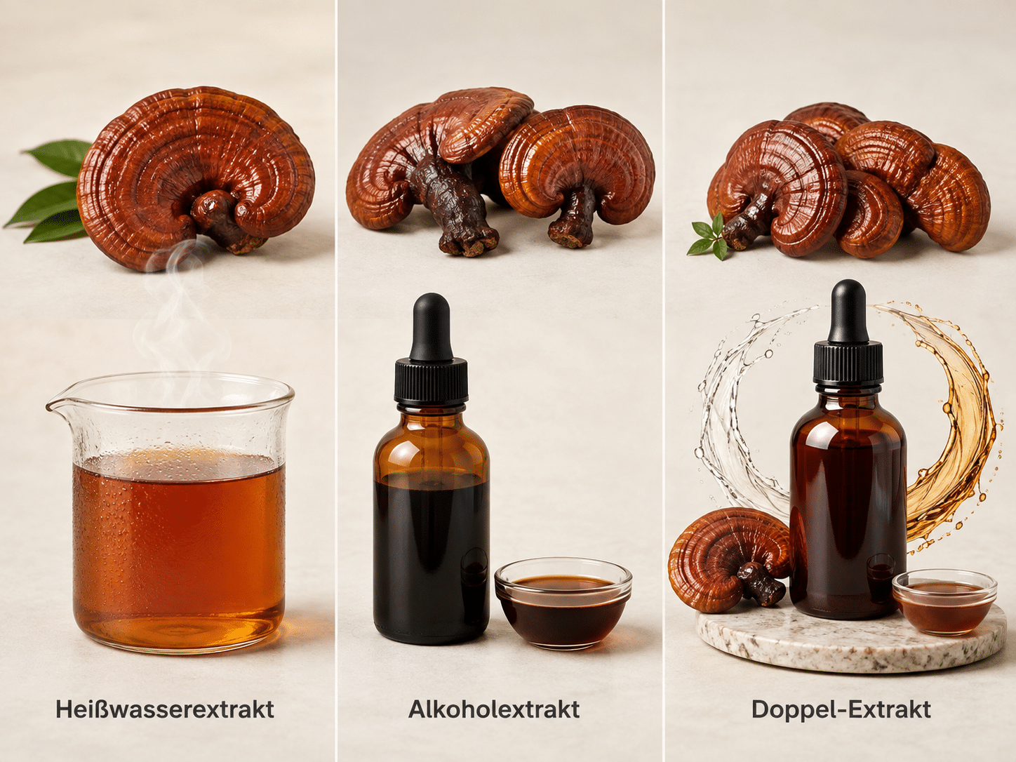 Vergleich der Reishi-Extraktionsverfahren: Wasserextrakt, Alkoholextrakt und Doppel-Extrakt.