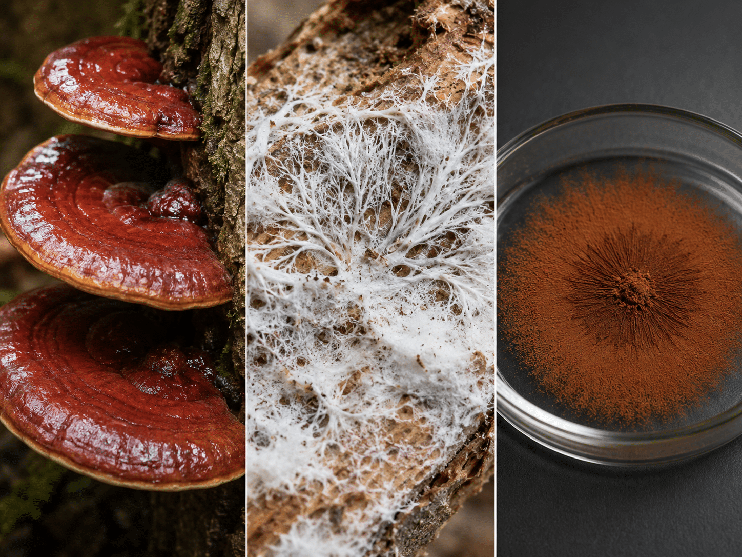 Reishi-Pilz im Überblick: Fruchtkörper, unterirdisches Pilzmyzel und feines Sporenpulver.