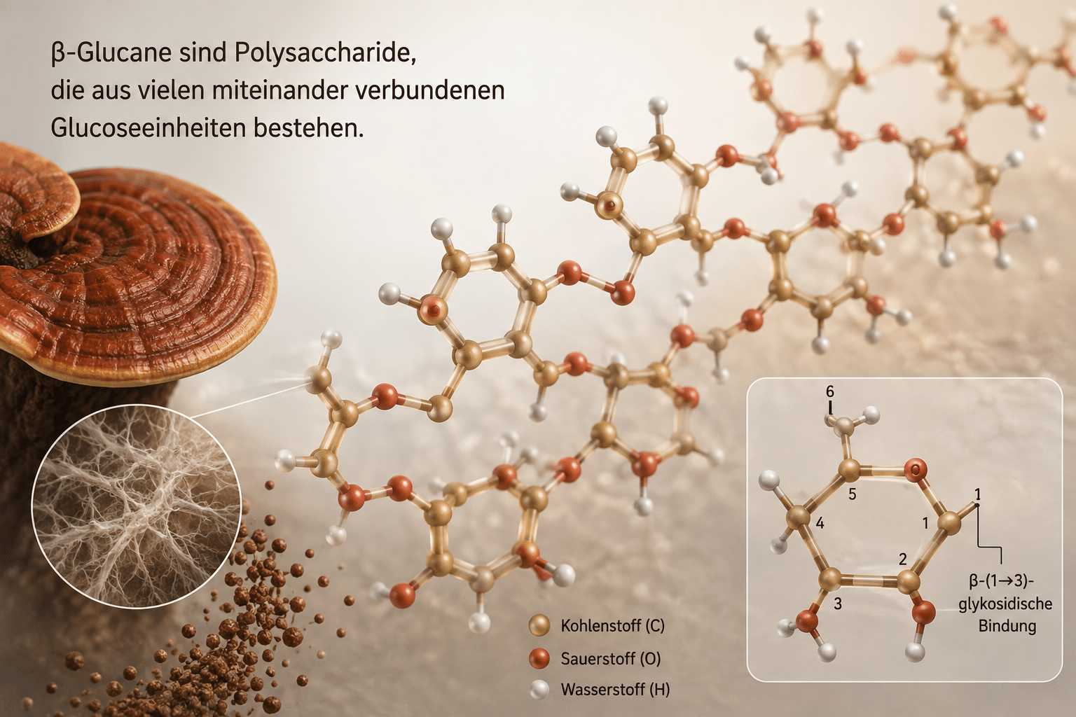 Infografik zur molekularen 3D-Struktur von Beta-Glucanen (Polysacchariden) und deren Ursprung im Reishi-Pilz.