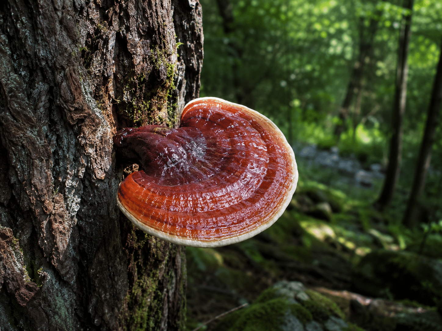 Roter Reishi-Pilz (Glänzender Lackporling) wächst an einem Baumstamm im Wald.