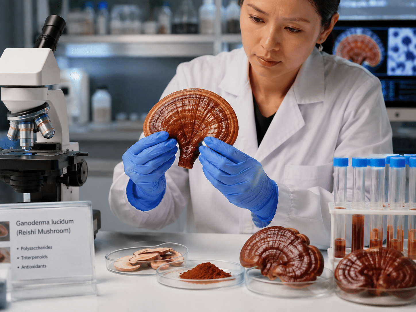 Wissenschaftliche Untersuchung von Reishi (Ganoderma lucidum) auf Inhaltsstoffe wie Polysaccharide und Triterpene im Labor.