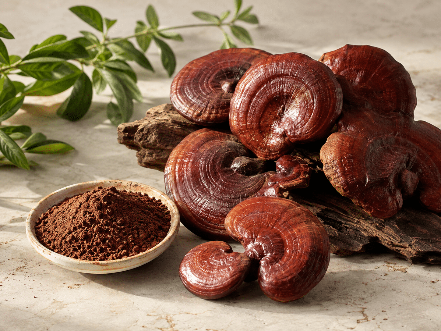 Getrocknete Reishi-Pilze und feines Reishi-Pulver in einer Schale im Vergleich.