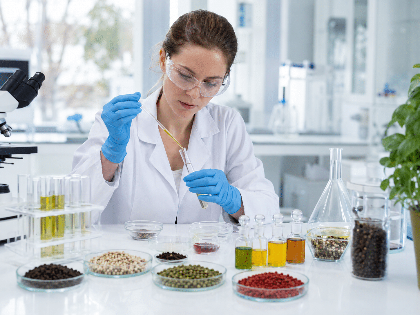 Wissenschaftliche Analyse von Pfeffer: Eine Laborantin untersucht an einem Tisch mit verschiedenen Pfeffersorten konzentriert pflanzliche Extrakte mit Pipette und Reagenzglas.