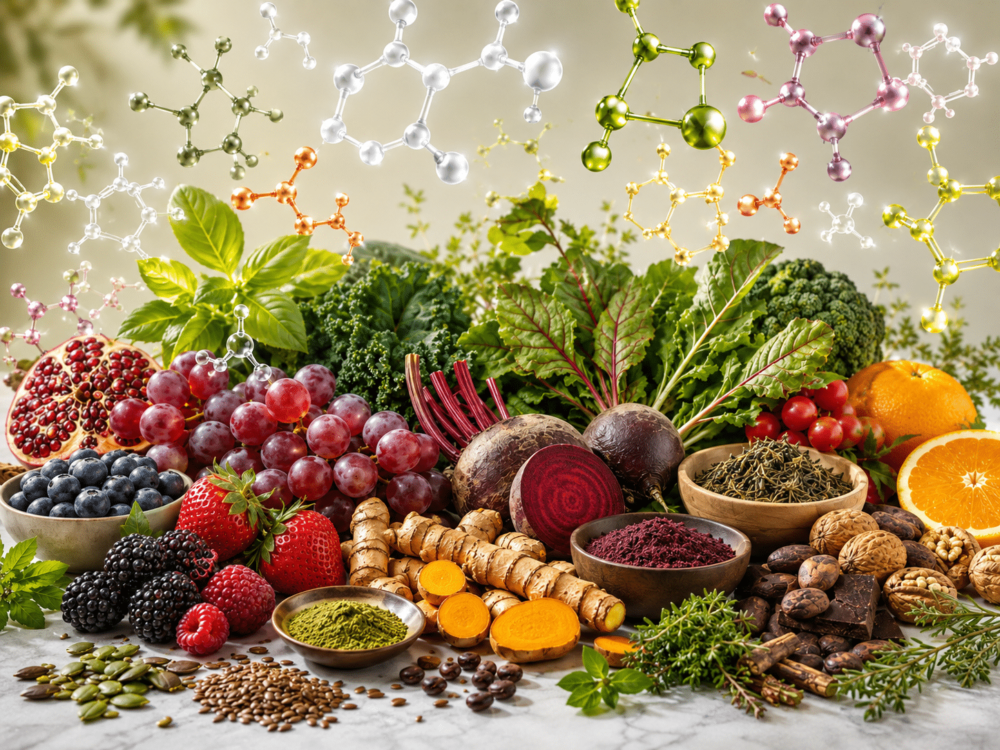 Zahlreiche pflanzliche Lebensmittel wie Beeren, Kurkuma, Rote Bete und Brokkoli, kombiniert mit chemischen 3D-Formeln zur Darstellung von sekundären Pflanzenstoffen.