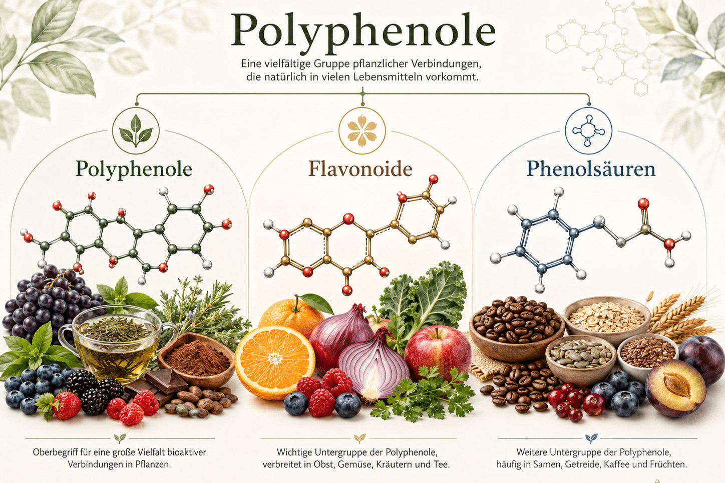 Infografik zur Einteilung der Polyphenole in die Untergruppen Flavonoide und Phenolsäuren, visualisiert mit chemischen Strukturformeln und passenden Lebensmitteln.