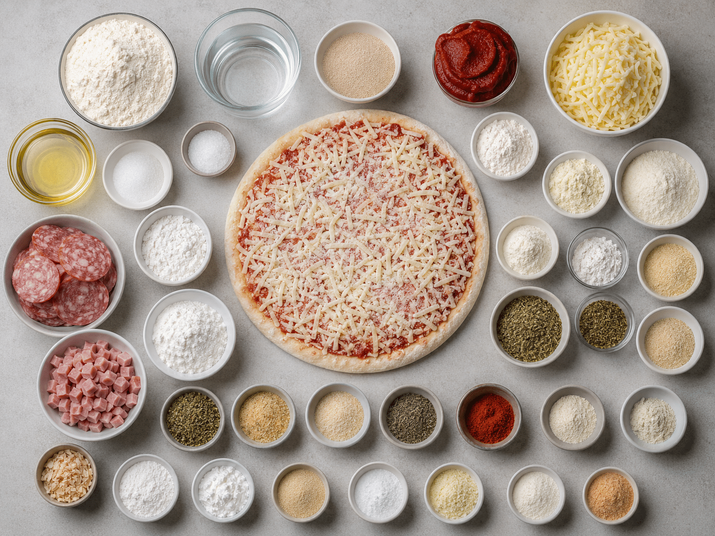 Zusammensetzung von hochverarbeiteten Lebensmitteln: Eine zerlegte Pizza zeigt die Vielzahl an Zutaten, Gewürzen und Zusatzstoffen, die für die Herstellung benötigt werden.