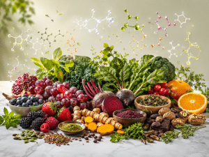 Visualisierung sekundärer Pflanzenstoffe: Leuchtende Molekülstrukturen schweben über einer bunten Vielfalt aus frischem Obst, Gemüse, Gewürzen und Nüssen.