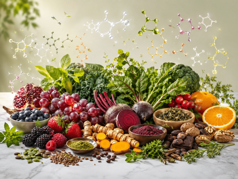 Visualisierung sekundärer Pflanzenstoffe: Leuchtende Molekülstrukturen schweben über einer bunten Vielfalt aus frischem Obst, Gemüse, Gewürzen und Nüssen.