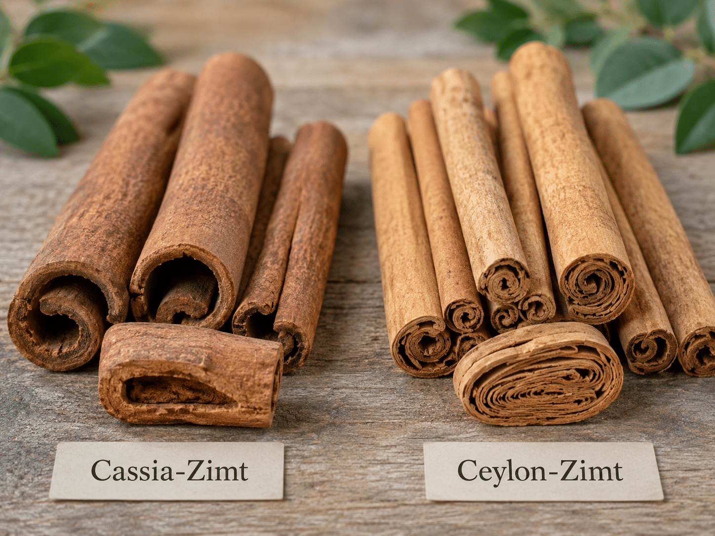 Direkter visueller Vergleich von Zimtsorten: Links liegt dicker, einschichtiger Cassia-Zimt, rechts daneben der hellere, aus vielen feinen Rindenschichten bestehende Ceylon-Zimt.
