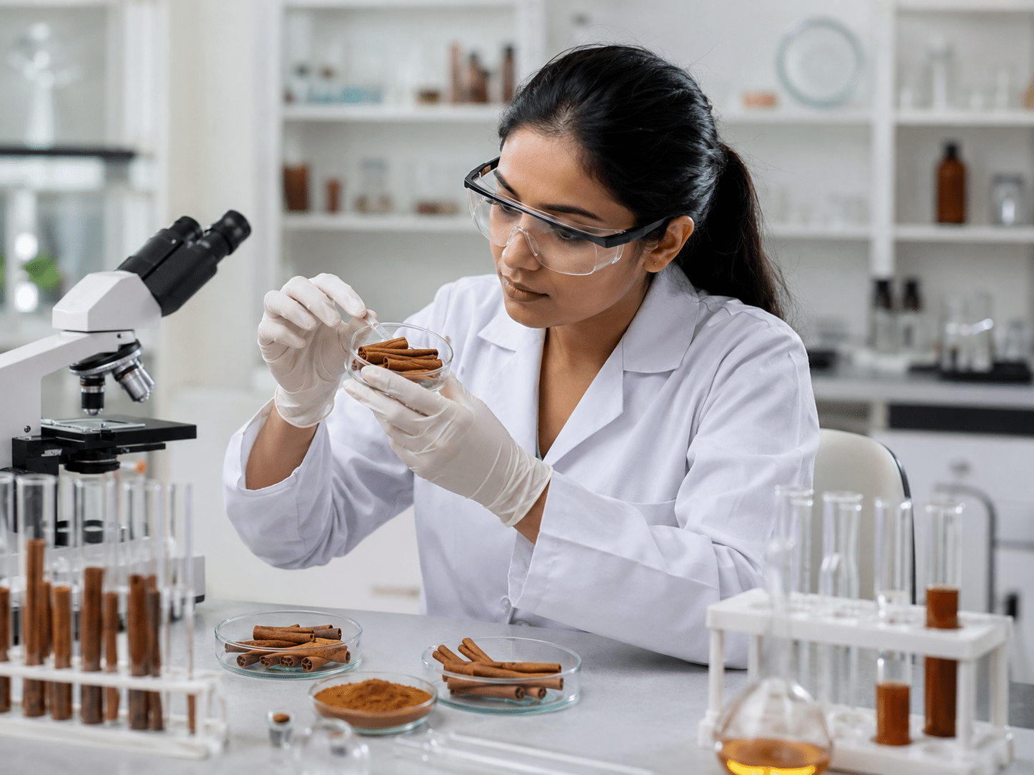 Wissenschaftlerin im Labor untersucht Zimtstangen in einer Petrischale auf ihre Qualität und pflanzlichen Inhaltsstoffe