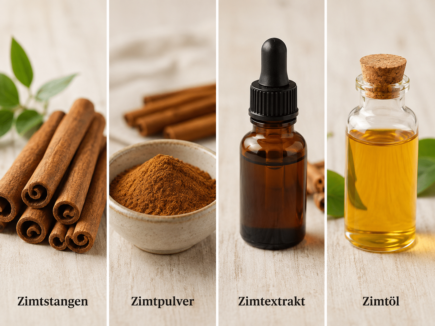 Vierteilige Collage der verschiedenen Darreichungsformen von Zimt: Ganze Zimtstangen, gemahlenes Zimtpulver, flüssiger Zimtextrakt und reines Zimtöl.