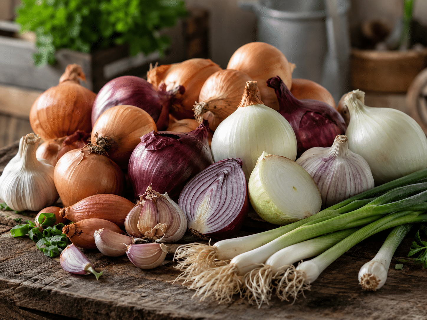 Verschiedene Zwiebelgewächse wie rote Zwiebeln, Knoblauch und Lauchzwiebeln als natürliche Quellen für gesunde schwefelhaltige Verbindungen.