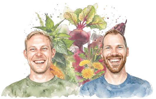 Aquarell-Porträt der beiden Nurisan-Gründer: Die beiden Männer lächeln sympathisch, umrahmt von bunten botanischen Illustrationen aus Roter Bete, Löwenzahn und weiteren natürlichen Pflanzenzutaten.
