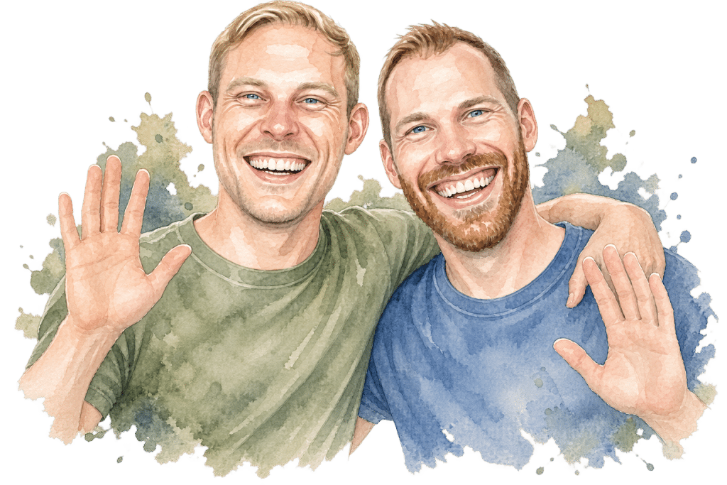 Ein freundlicher Abschied der Nurisan-Gründer Lutz und Dario: Eine sympathische Aquarell-Illustration, auf der die beiden Männer den Seitenbesuchern fröhlich lächelnd zuwinken.