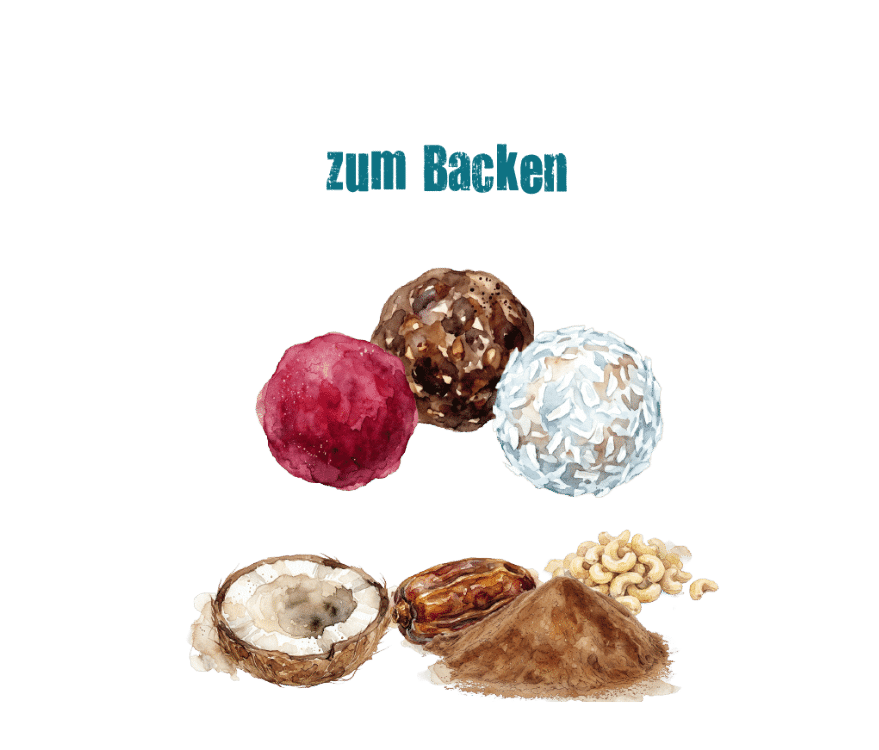 Zubereitungsidee zum Backen: Eine Aquarell-Illustration zeigt drei verschiedene Energy Balls über ihren natürlichen Zutaten, darunter eine Kokosnuss, eine Dattel, Cashewkerne und feines Pflanzenpulver.
