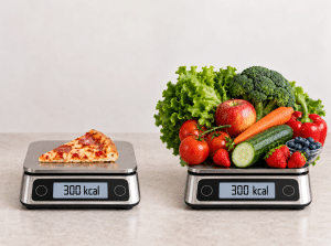 Vergleich von 300 Kilokalorien: kleines Stück Pizza auf einer Waage gegenüber einer großen Menge frischem Obst und Gemüse