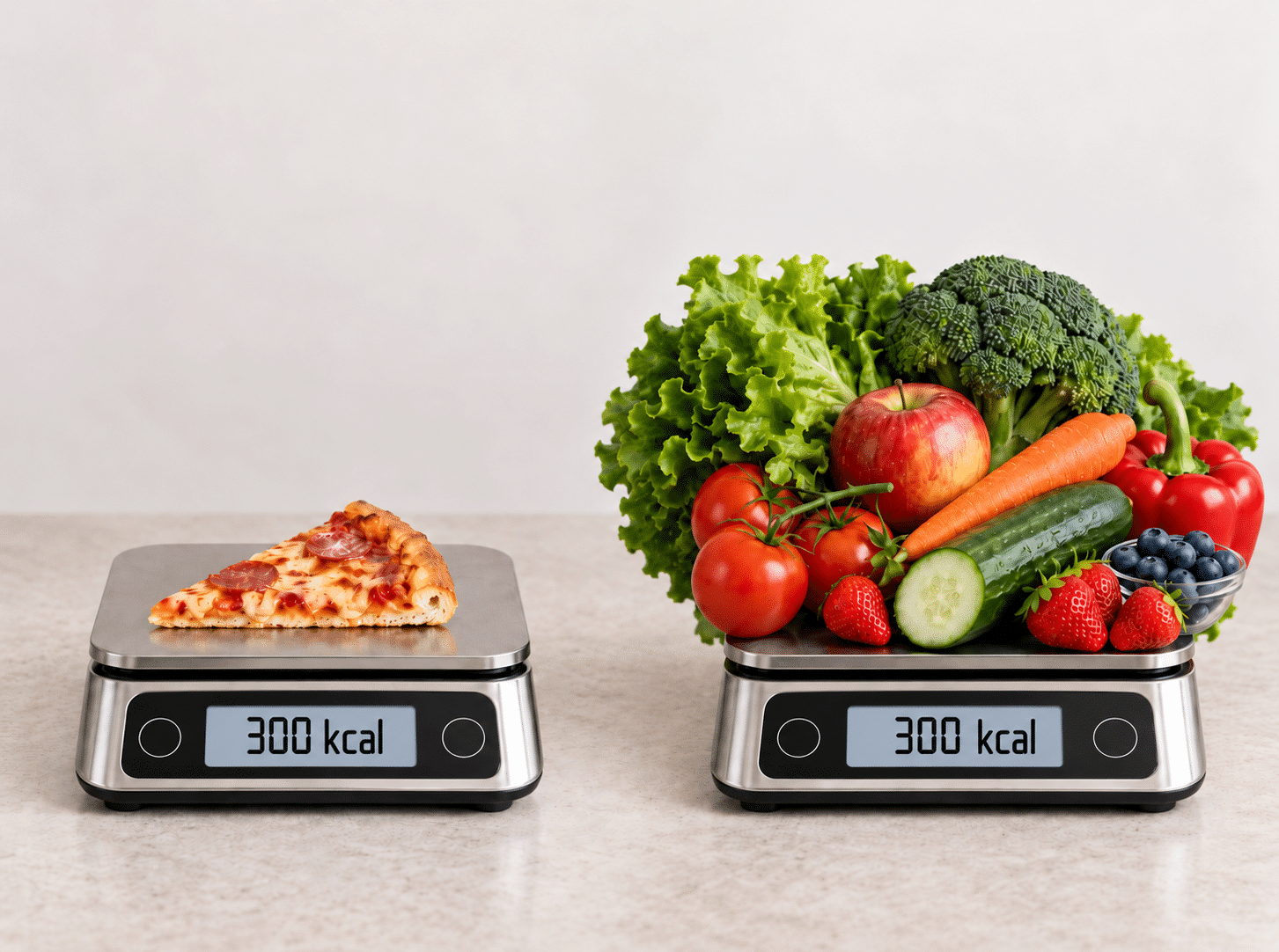 Vergleich von 300 Kilokalorien: kleines Stück Pizza auf einer Waage gegenüber einer großen Menge frischem Obst und Gemüse