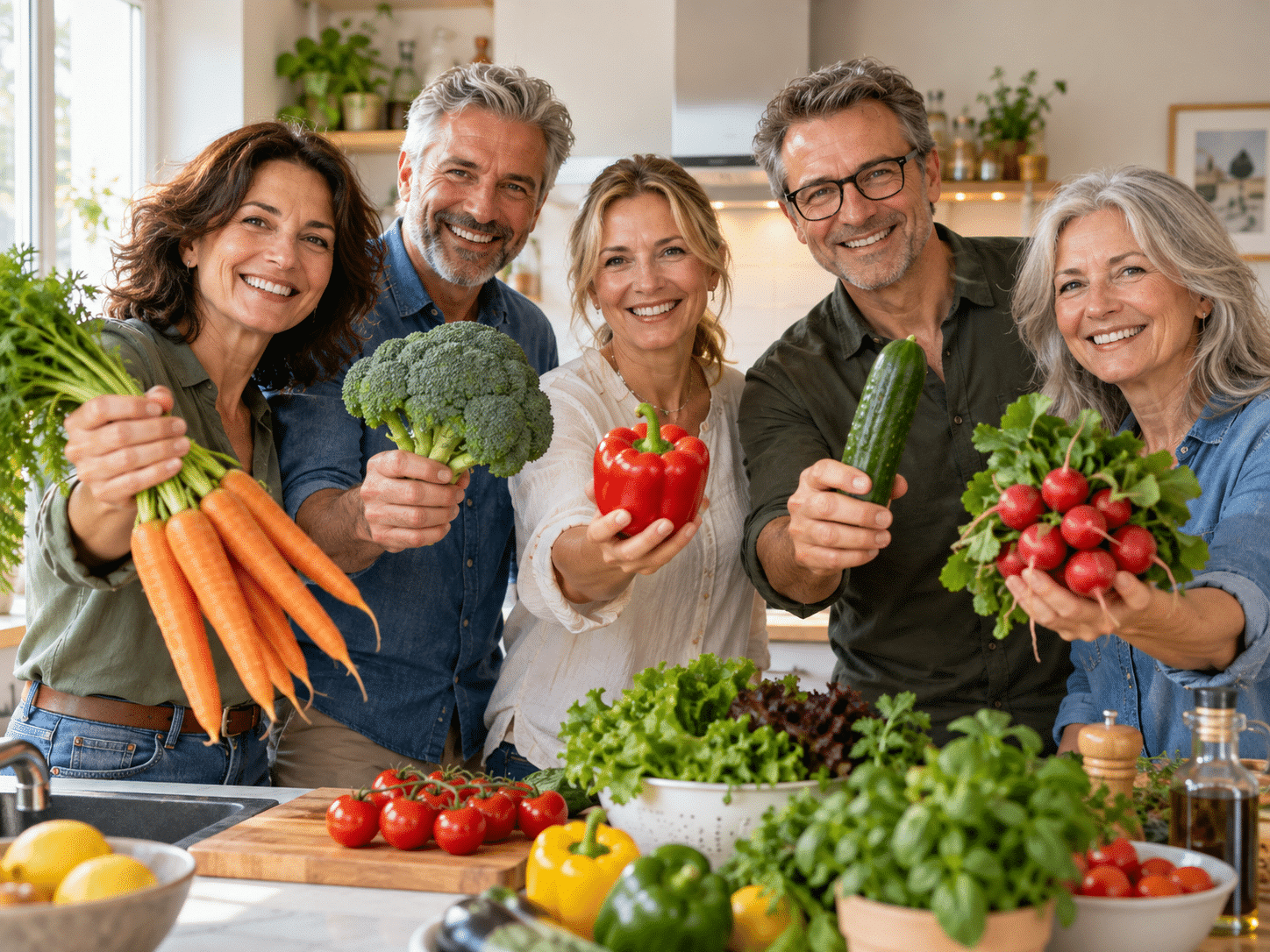 Fünf lachende Frauen und Männer im Alter von etwa 50 plus stehen gemeinsam in einer hellen Küche. Sie halten frische Karotten, einen Brokkoli, eine rote Paprika, eine Gurke und ein Bund Radieschen in Richtung der Kamera.