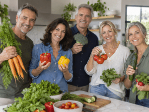 Ernährung ab 50: Eine Gruppe von fünf vitalen Erwachsenen steht lächelnd in einer hellen Küche und präsentiert eine bunte Vielfalt an frischem Gemüse.