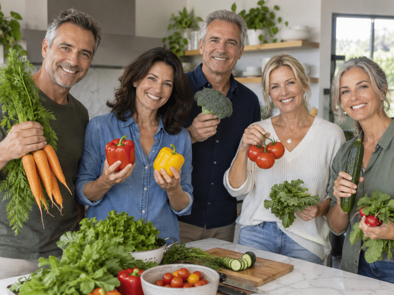 Ernährung ab 50: Eine Gruppe von fünf vitalen Erwachsenen steht lächelnd in einer hellen Küche und präsentiert eine bunte Vielfalt an frischem Gemüse.