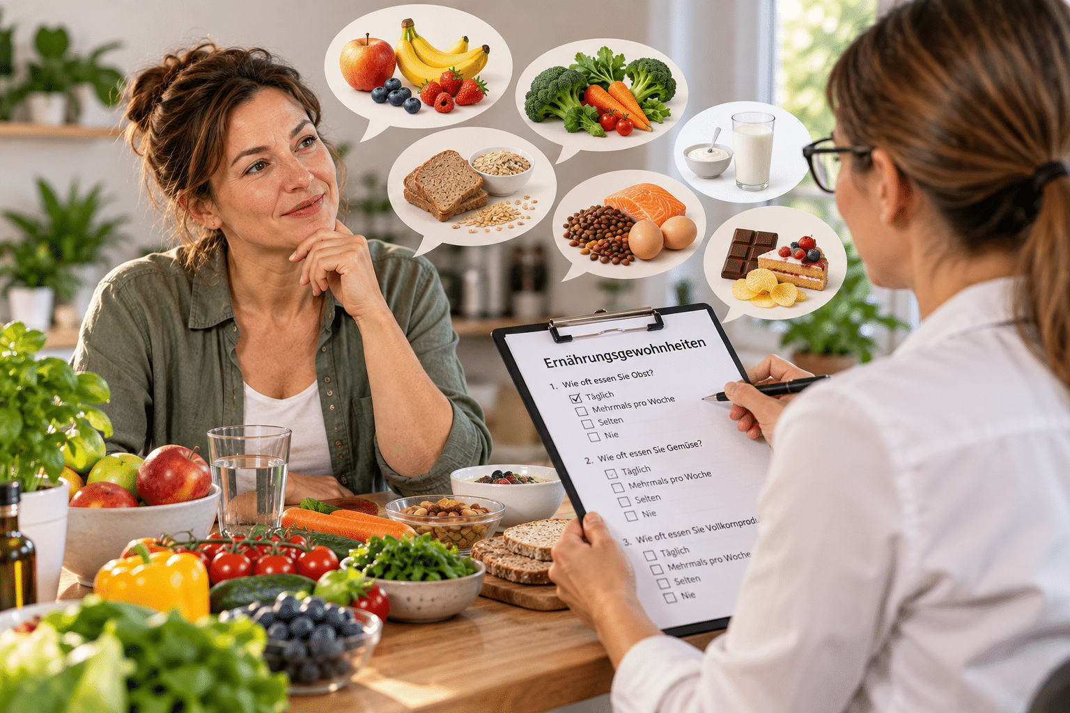 Zwei Frauen sitzen sich an einem Tisch voller frischer Zutaten gegenüber. Die eine hält ein Klemmbrett mit der Aufschrift ‚Ernährungsgewohnheiten‘, während die andere nachdenklich an Lebensmittel wie Obst, Gemüse, Getreide und Milchprodukte in darüber schwebenden Sprechblasen denkt.