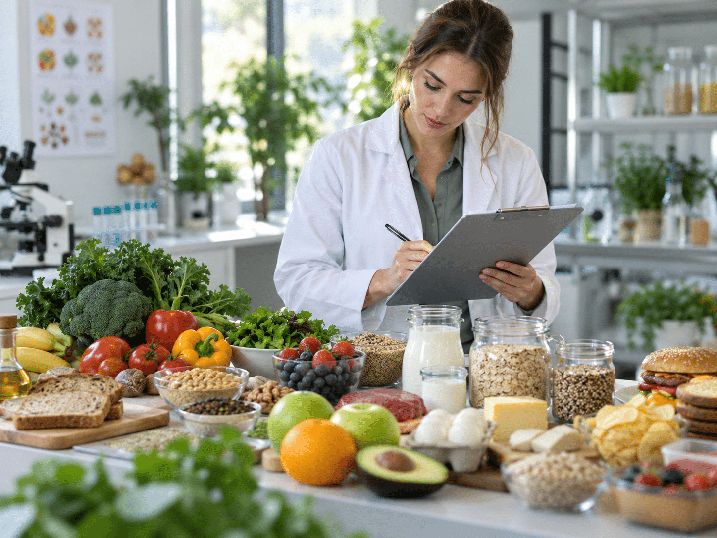 Eine Frau im weißen Laborkittel steht konzentriert hinter einem Tisch, der mit einer enormen Bandbreite an Lebensmitteln wie frischem Gemüse, Obst, Getreide, Nüssen und Proteinquellen beladen ist. Sie macht sich Notizen auf einem Klemmbrett.