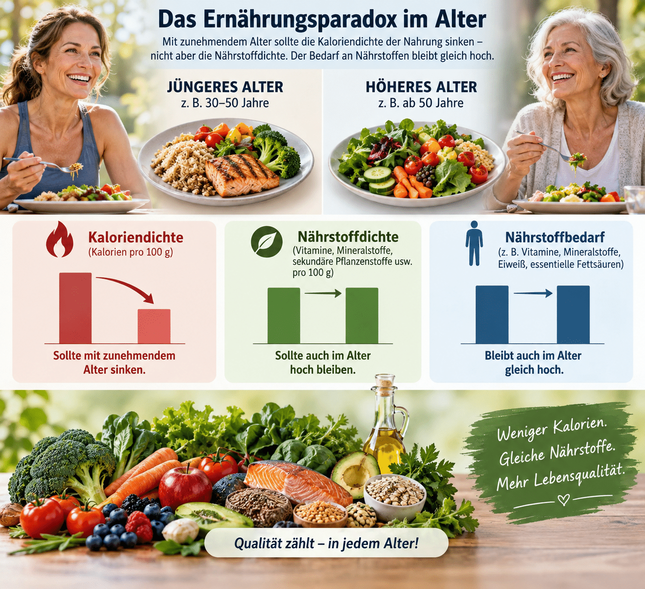 Infografik zum Ernährungsparadox im Alter: Sie zeigt anschaulich, dass bei sinkendem Energiebedarf die Nährstoffdichte der Lebensmittel hoch bleiben muss, da der Nährstoffbedarf ab 50 Jahren nicht sinkt.