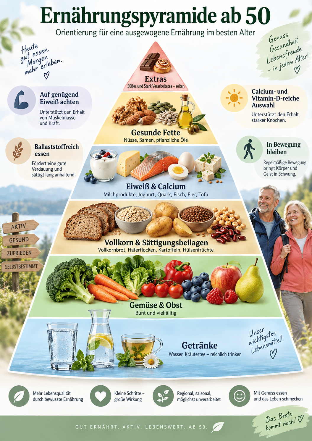 Infografik zur Ernährungspyramide ab 50: Eine visuelle Anleitung für ausgewogene Ernährung im besten Alter, aufgeteilt in Getränke, Gemüse & Obst, Vollkorn, Eiweiß, gesunde Fette und Extras.
