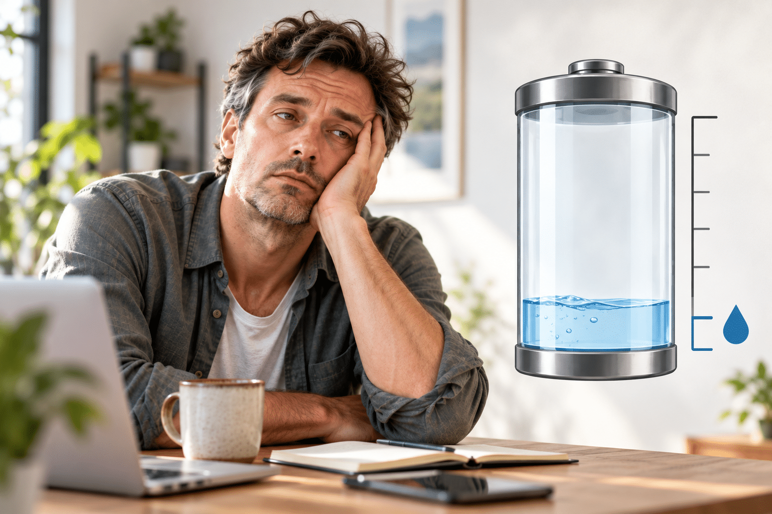 Flüssigkeitsmangel erkennen: Ein erschöpfter Mann am Schreibtisch neben der Grafik einer fast leeren Wasser-Batterie, die einen niedrigen Hydratations- und Energielevel symbolisiert.