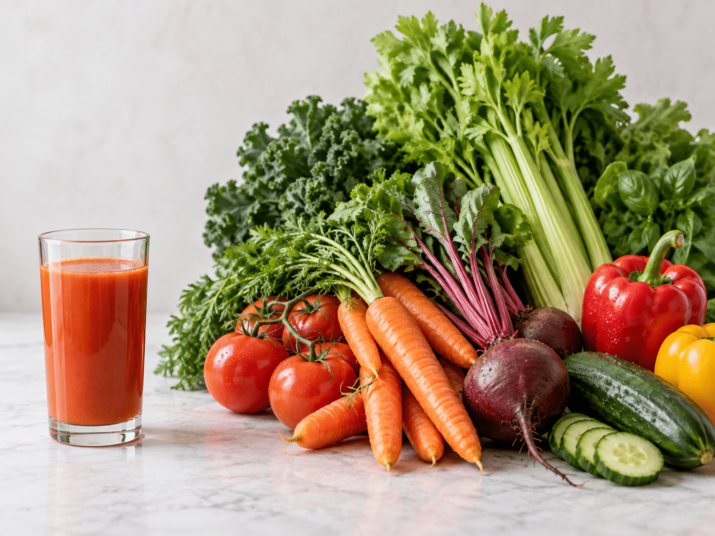 Gemüsesaft im Glas im Vergleich zu der großen Menge frischem Gemüse, die für seine Herstellung verwendet wird
