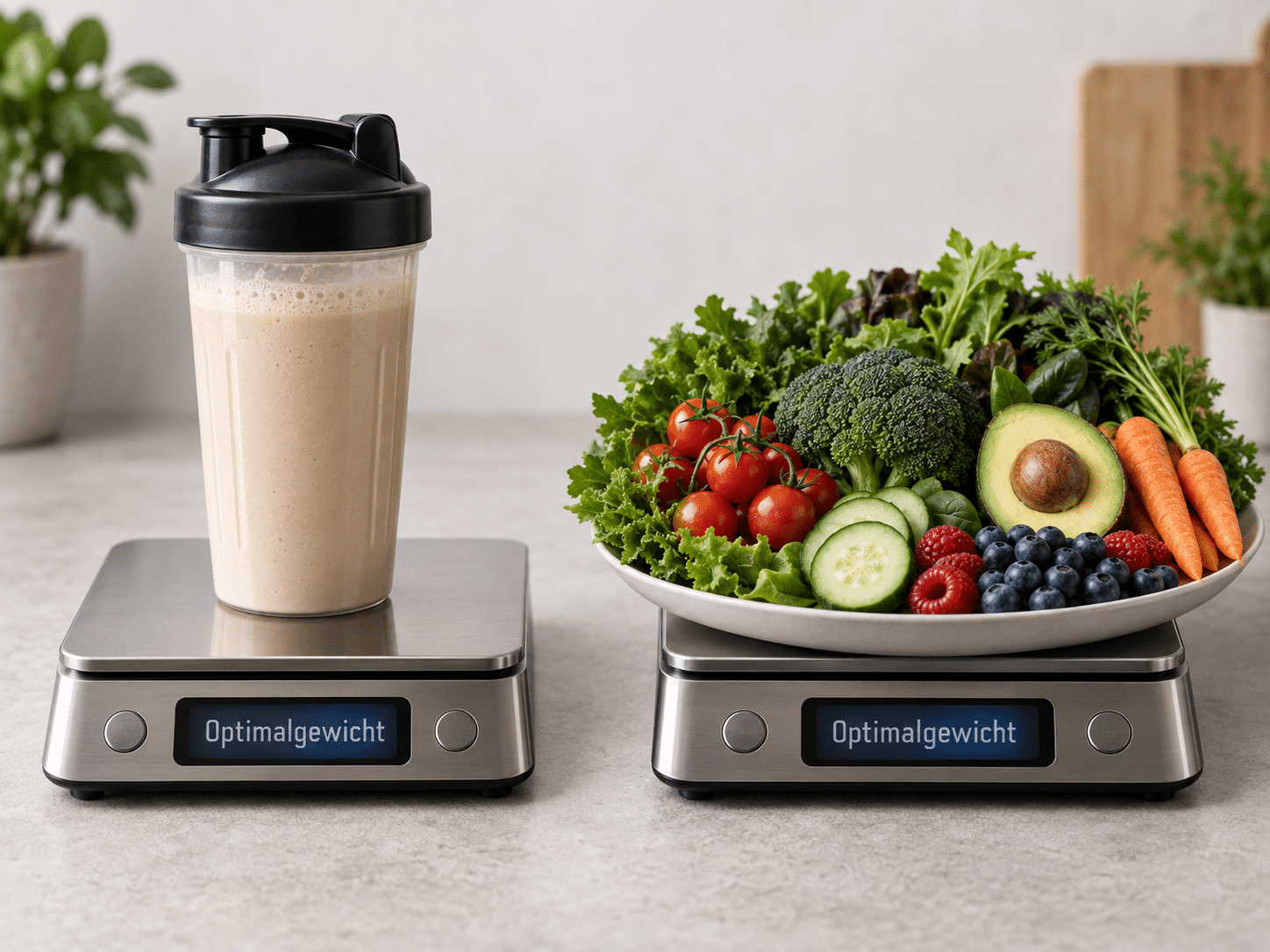 Zwei Küchenwaagen zeigen jeweils 'Optimalgewicht' an. Auf der einen steht ein Proteinshake, auf der anderen eine vollwertige Schale mit Gemüse und Obst – ein Symbol dafür, dass Gewichtsverlust und echte Ernährungsqualität zwei verschiedene Dinge sind