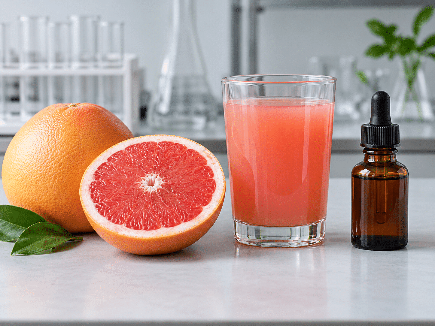 Grapefruit, Grapefruitsaft und Pflanzenextrakt als Illustration unterschiedlicher Verarbeitungsformen und Lebensmittelmatrizes.