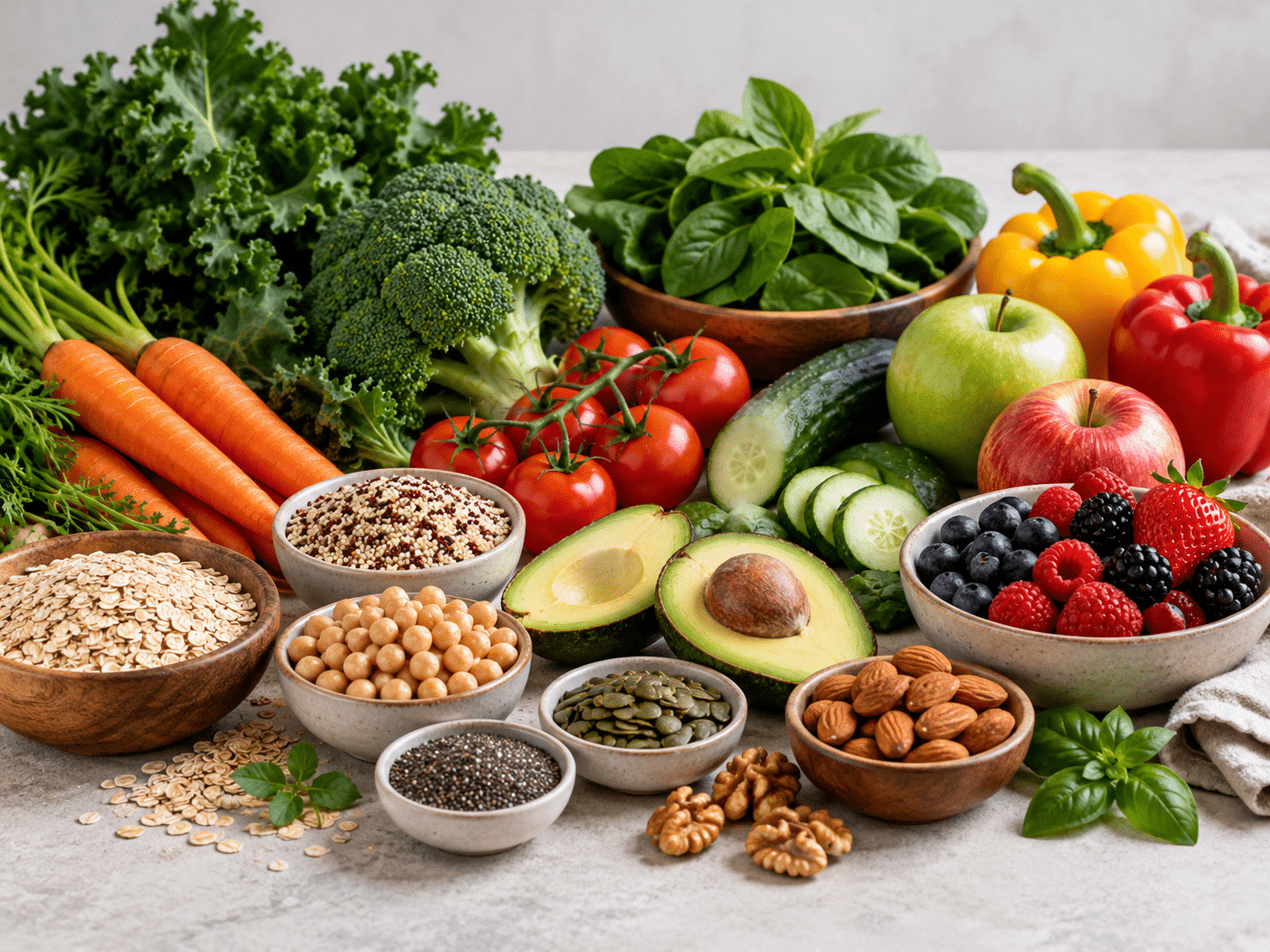Eine reiche Auswahl an frischem Gemüse, Obst, Nüssen, Samen und Hülsenfrüchten steht stellvertretend für die komplexe Pflanzenvielfalt und Nährstoffdichte, die in einer reinen Proteinrechnung oft vernachlässigt wird