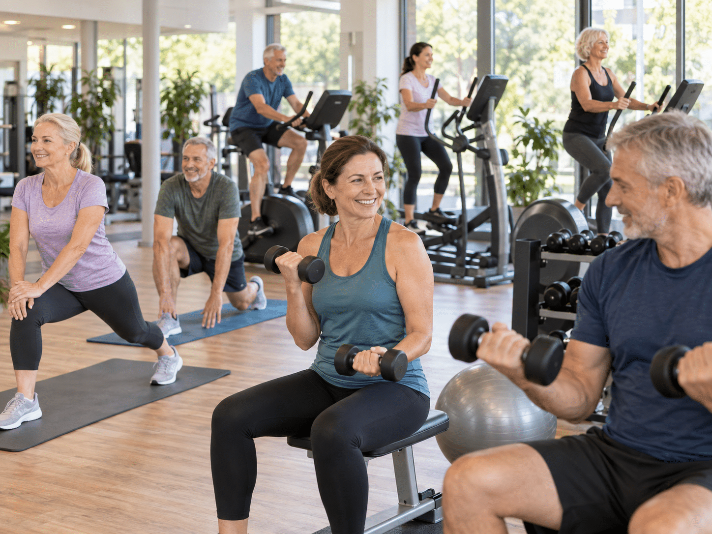 Aktive Menschen ab 50 beim Krafttraining im Fitnessstudio. Im Vordergrund trainieren eine Frau und ein Mann lächelnd mit Kurzhanteln, um ihre Muskelmasse zu erhalten.