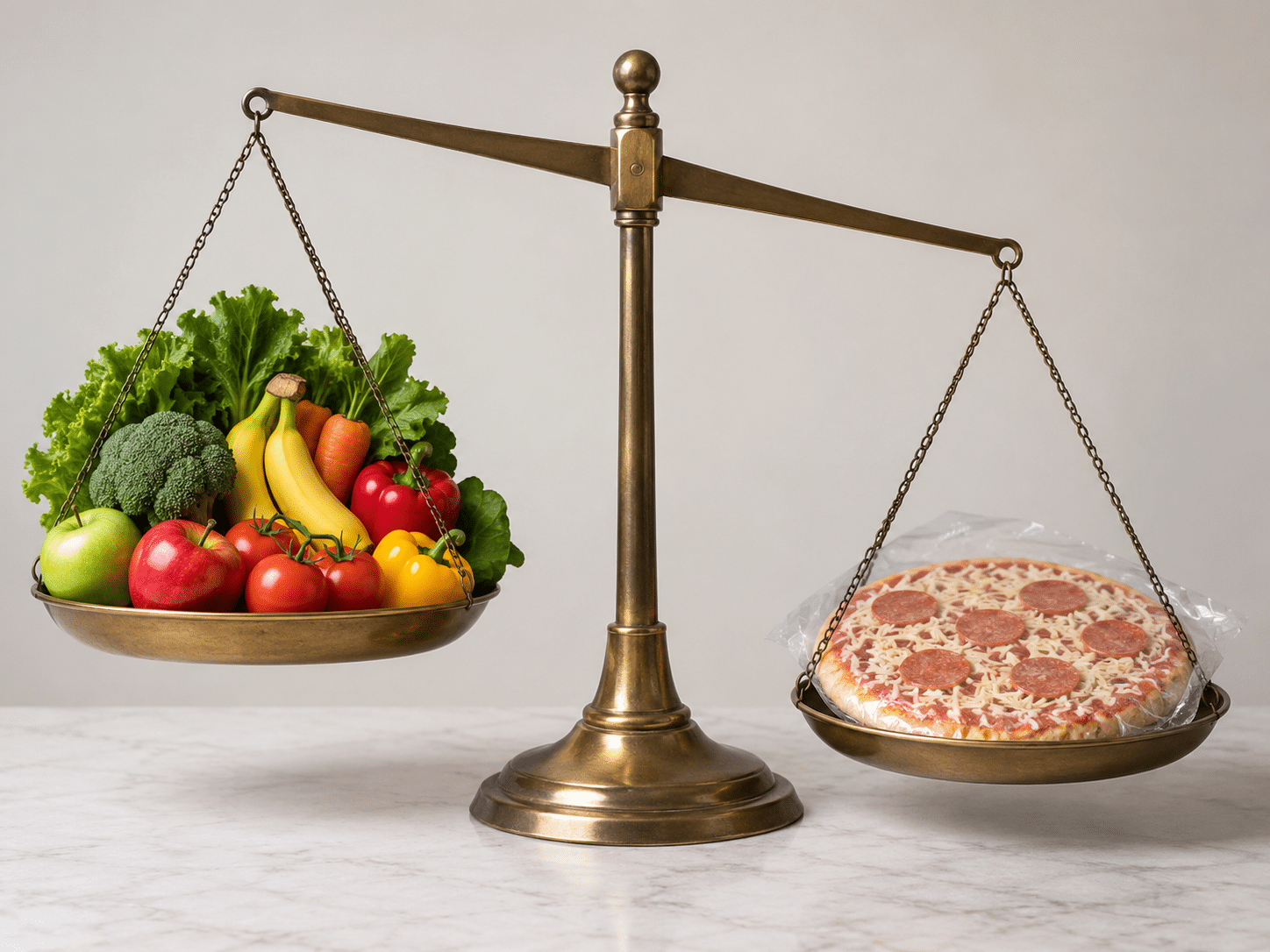 Nährstoffdichte im Vergleich: Eine Waage zeigt, dass ein großer Berg frisches Gemüse und Obst weitaus schwerer und sättigender ist als eine hochverarbeitete Tiefkühlpizza.