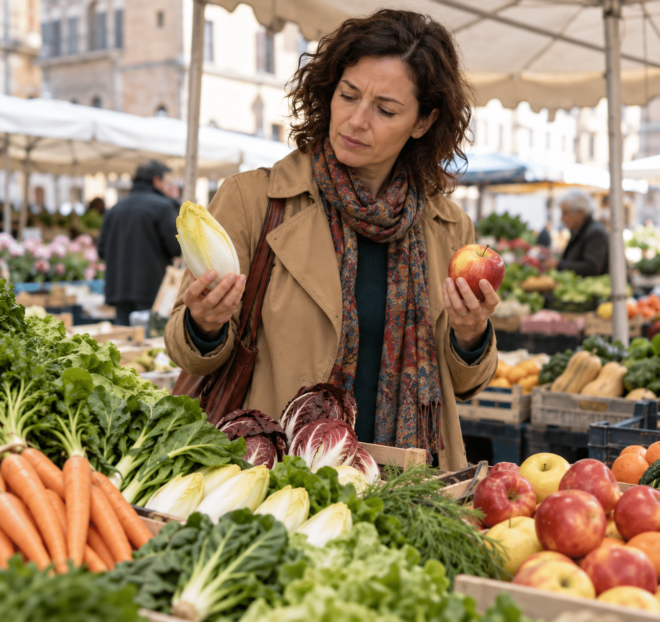 Eine Frau auf einem Wochenmarkt vergleicht abwägend einen bitteren Chicorée mit einem süßen Apfel