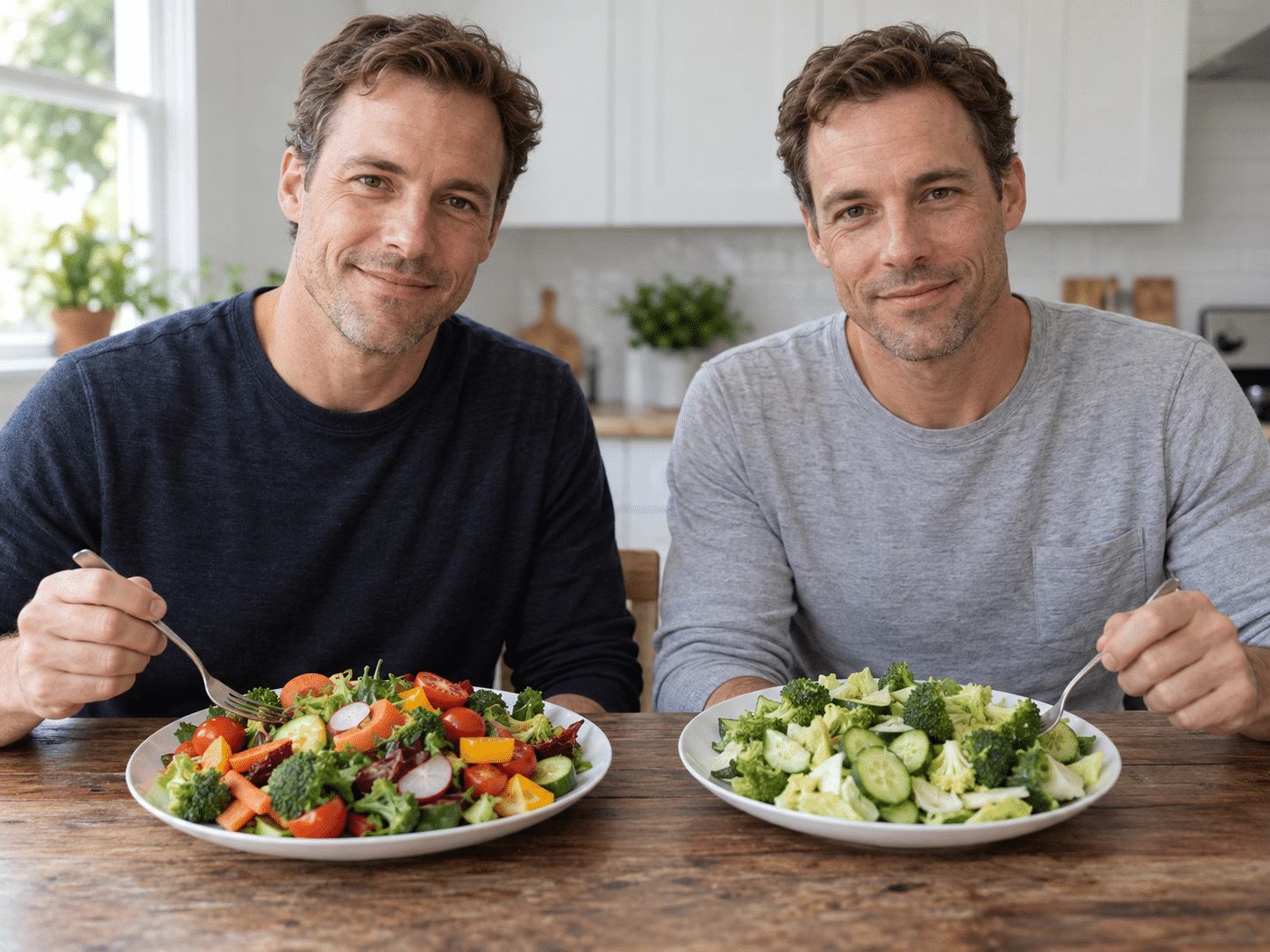 Zwei Männer vergleichen am Esstisch ihre Mahlzeiten: Links ein bunter, vielfältiger Salat mit vielen verschiedenen Zutaten, rechts ein monotoner, rein grüner Salat.