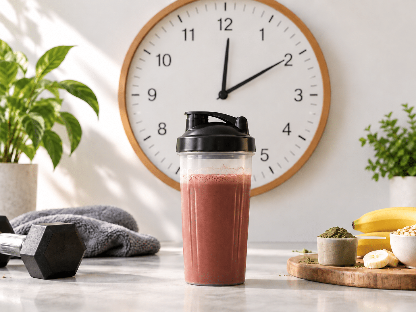 Protein über den Tag verteilen: Ein gefüllter Protein-Shaker steht auf einer Theke direkt vor einer großen Wanduhr, flankiert von einer Kurzhantel und frischen Bananen