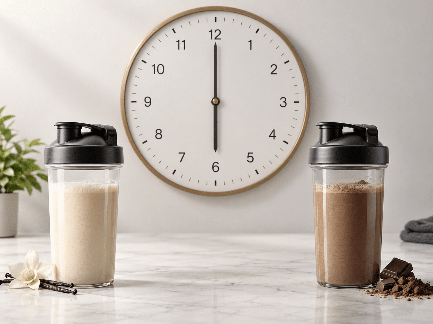 Zwei zubereitete Proteinshakes in den Sorten Vanille und Schokolade stehen vor einer großen Wanduhr, die symbolisch das sechsstündige Essensfenster beim Proteinfasten (WPF/MPF) darstellt.