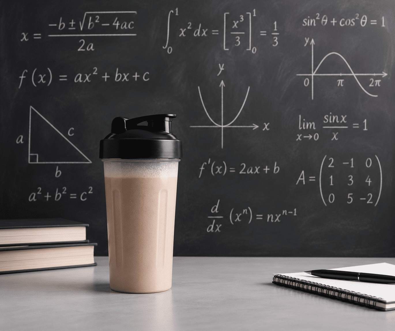 Ein Proteinshake vor einer Tafel voller komplexer mathematischer Gleichungen, als Symbol für die simple Mathematik des Kaloriendefizits beim Proteinfasten.