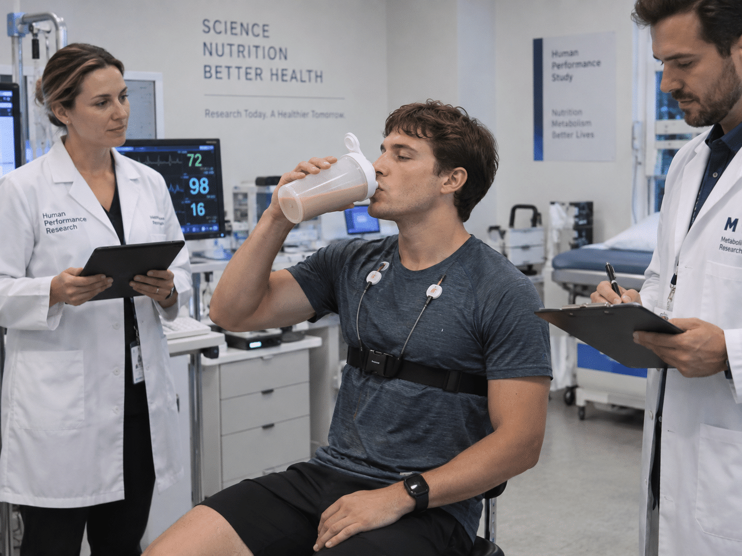Ein Proband trinkt einen Proteinshake während einer sportwissenschaftlichen Untersuchung in einem Labor, passend zur Auswertung klinischer Studien zum Thema Proteinfasten